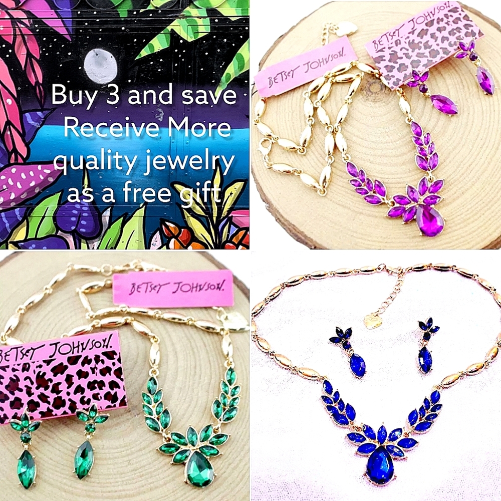 3 sets gold green purple blue crystal necklace earrings sets